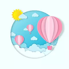 Cercles muraux Montgolfière  Ballon and Cloud in the blue sky with paper art design , vector design element and illustration