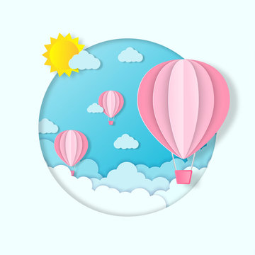  Ballon And Cloud In The Blue Sky With Paper Art Design , Vector Design Element And Illustration