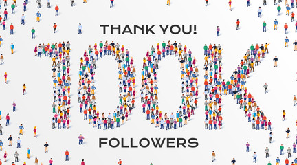 100K Followers. Group of business people are gathered together in the shape of 100000 word, for web page, banner, presentation, social media, Crowd of little people. Teamwork. Vector illustration