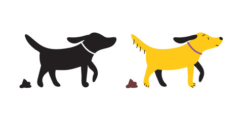 Set of dog pooping and its poo vector icons, pictograms.