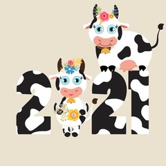 Obraz premium Print Hand drawn vector illustration collection of a cute cow, 2021 year. Vector Illustration.