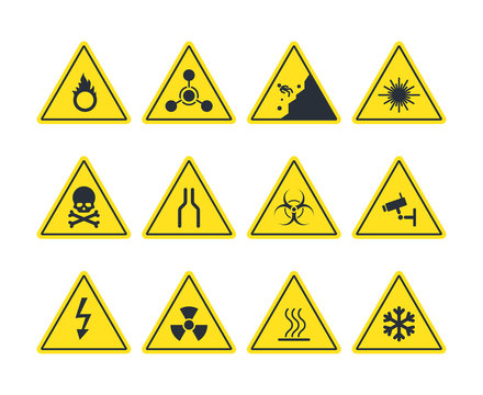 Road signs set. Yellow warning symbols danger of loose soil radioactive alarm lethal electrical voltage ice deposit ahead biological hazard strong ultraviolet radiation. Vector attention.