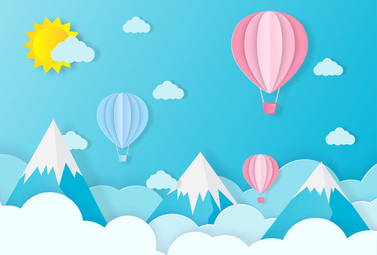 Ballon and Cloud in blue sky and mountains with paper art designs, vector design elements and illustrations
