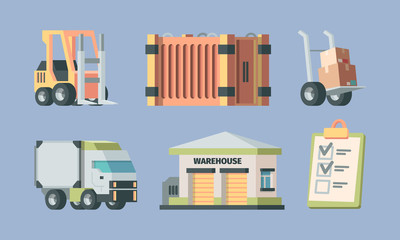 Warehouse logistics and transport set. Forklift next to large container wheelbarrow with crates delivery truck warehouse building delivery address list distribution goods. Vector service.