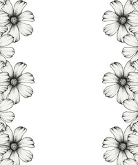 black and white floral frame design, hand drawn cosmos floral border illustration, realistic line art flower decoration for card invitation or backgrounds