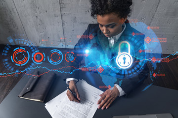 A woman signs contract and data security theme hologram. Double exposure.
