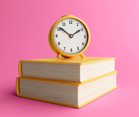 Clock with books in minimal style. Isolated. 3d rendering.