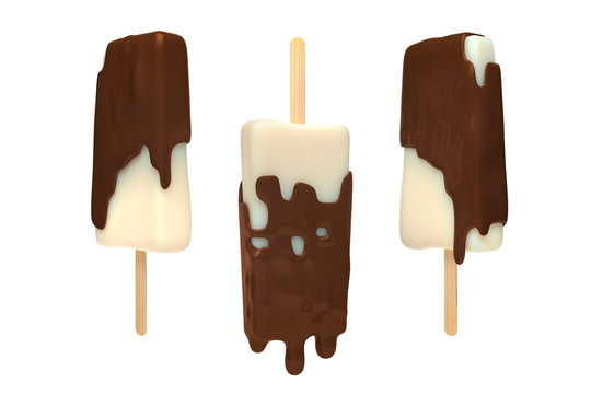 set of 3 ice cream with melt chocolate on wooden stick isolated 3d render