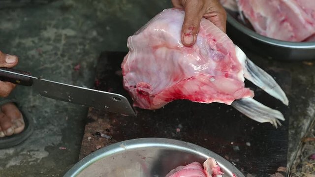 Fishermen are cutting fish for cooking.