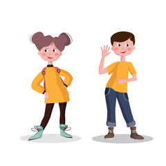 Boy and girl in full growth. Smiling school children with backpacks set isolated vector illustration.