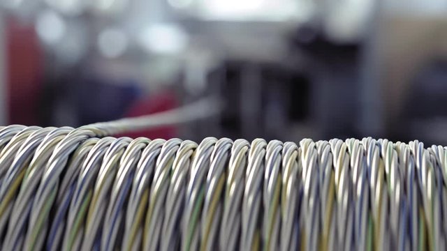 Production copper wire at industrial plant. Copper wiring for electrical engine