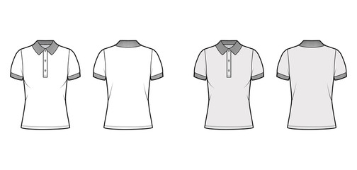 Naklejka premium Polo shirt technical fashion illustration with cotton-jersey short sleeves, oversized, buttons along the front. Flat outwear apparel template front, back, white grey color. Women men unisex top mockup