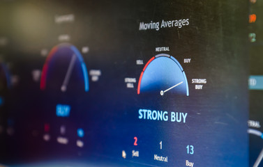 Close-up of a stock market analysis with caption on screen STRONG BUY - 372005592
