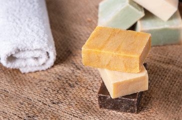 Natural handmade soap bars. Healthy lifestyle, beauty, skin care. Zero waste home concept. Healthy lifestyle, beauty, skin care. Zero waste home concept.