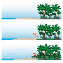 Beach scene with palm trees, sun loungers, umbrella, blue coast. Beach constructor. Elements for the beach scene. Vector illustration.