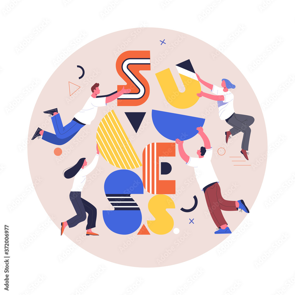 Poster teamwork concept. contemporary flat style vector illustration of people with abstract letters making