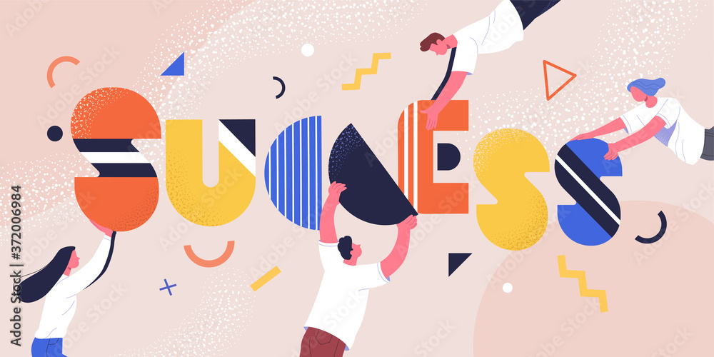 Poster teamwork concept. contemporary flat style vector illustration of people with abstract letters making