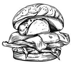 Vector Illustration of different burgers. with detailed drawing in the style of the sketch.
