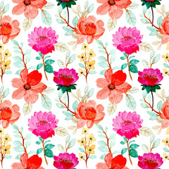 Watercolor pink flower and green leaves seamless pattern