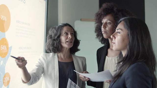 Three businesswomen holding documents and discussing project. Senior manager pointing at map on screen and talking about details with young employees. Company, business and management concept