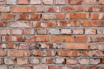Wall of red bricks. Texture or background of bricks.