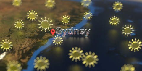 Fototapeta na wymiar Sydney city and sunny weather icon on the map, weather forecast related 3D rendering