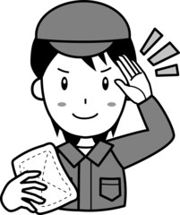 雑巾を持って敬礼する清掃業者の若い男性