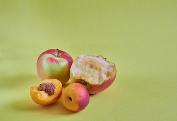 Whole and nibbled apples and nectarines lie on a colored background