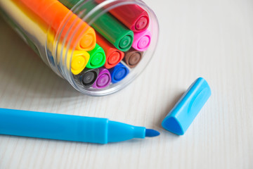 Bright beautiful colored pencils, felt-tip pens, watercolors, plasticine, everything for children's...