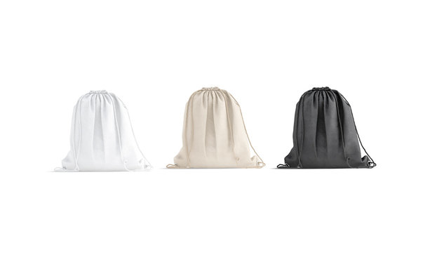 Blank black, white, canvas drawstring backpack mockup set, front view