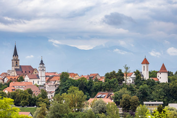 Obraz premium Kranj town with Alps in Slovenia