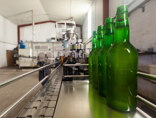 bottles on a production line in a cider factory