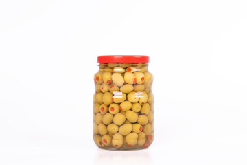 Green olives in glass jar isolated