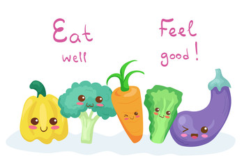 Kawaii Smiling Vegetables with Eat Well lettering. Cute funny & happy French breakfast characters. Adorable carton food vector illustration for cards, print. Broccoli, pepper, carrot, salad, eggplant.