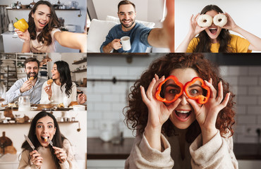 Collage image of different happy caucasian people looking at camera