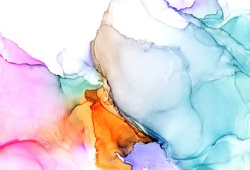 Abstract illustration in alcohol ink technique. Rainbow effect marble texture. Wash drawing effect wallpaper. Modern illustration for card design, creative banners, ethereal graphic design.
- 372012790
