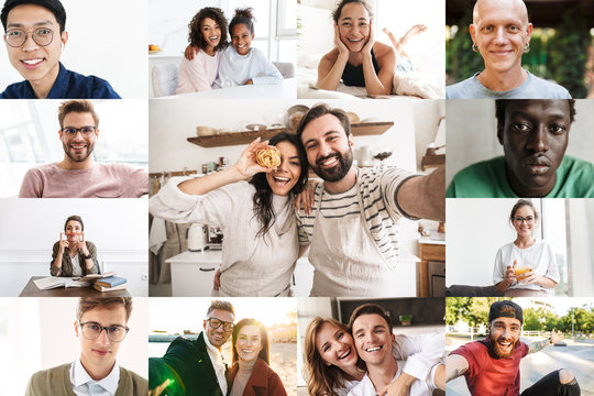 Collage image of different happy multinational people looking at camera