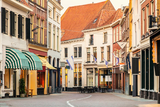 Empty Shopping Street In The Ancient Dutch City Of Zutphen