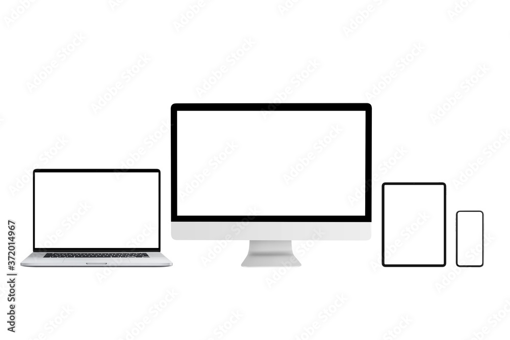 Poster Isolated computer and mobile devices mockup for responsive web or app design promotion