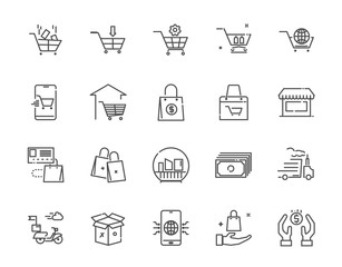 Set of online shopping online thin line icon