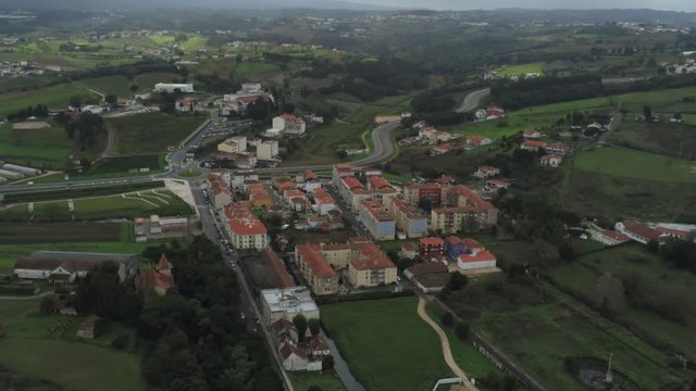 Buildings in Alcobaça, village with Monastery.Portugal. Aerial Footage