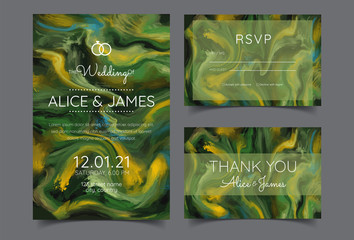 Vector modern design wedding invitation. Liquid colors greeting cards with golden text. Save the date design template. Branding, color.