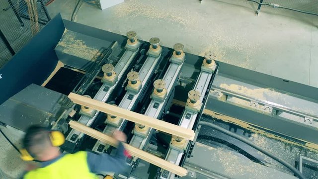 Engineer is examining wooden balks processed by the machine