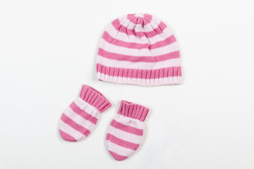 Knitted hat and mittens for winter. Baby winter mittens and hat set