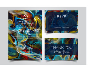 Vector modern design wedding invitation. Liquid colors greeting cards with golden text. Save the date design template. Branding, color.