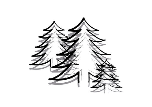 Set of christmas trees, isolated, creative hand drawn, black puristic lines with gray shades