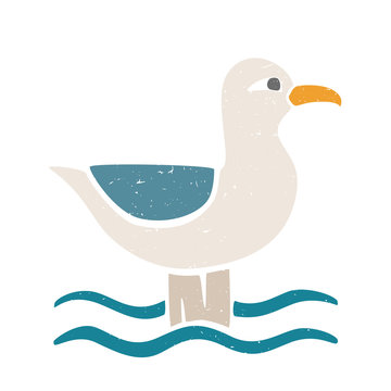 Cute sea gull on a log isolated on transparent background. Colorful pictogram original design. Vector shabby hand drawn illustration