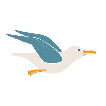 Cute sea gull in flight isolated on transparent background. Colorful pictogram original design. Vector shabby hand drawn illustration
