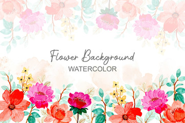 Watercolor background with pink flower and green leaves
