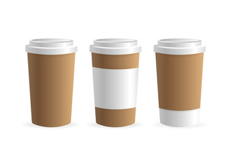Paper coffee cup in 3d style on white background. Blank mockup. Mock up, template. Coffee drink.